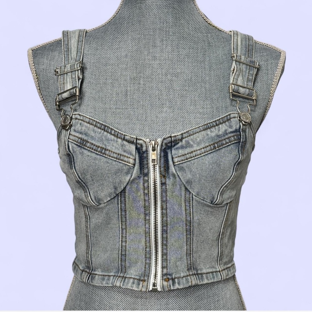 Signature 8 Size M Med Wash Denim Corset Top‎ Zip Buckle Straps Y2K Streetwear